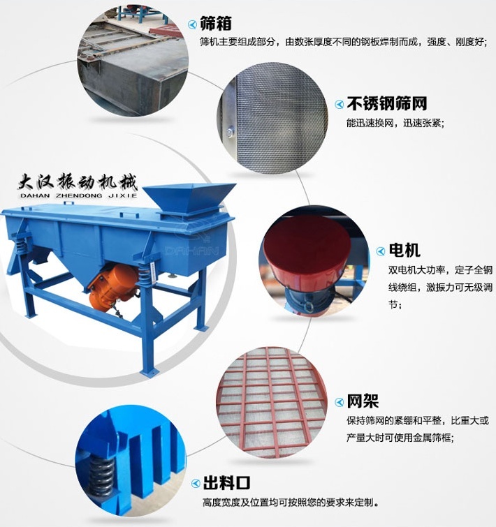 525型直線振動篩結(jié)構(gòu)細節(jié):篩箱:篩機主要組成部分,由數(shù)張厚度不同的鋼板焊制而成,強度,剛度好。不銹鋼篩網(wǎng):能速換網(wǎng),迅速張緊。電機:雙電機大功率,定子全銅線繞組,激振力可無級調(diào)節(jié)。網(wǎng)架:保持篩網(wǎng)的緊繃和平整,比重大或產(chǎn)量大時可使用金屬篩框。出料口:高度寬度及位置均可按照您的要求定制。
