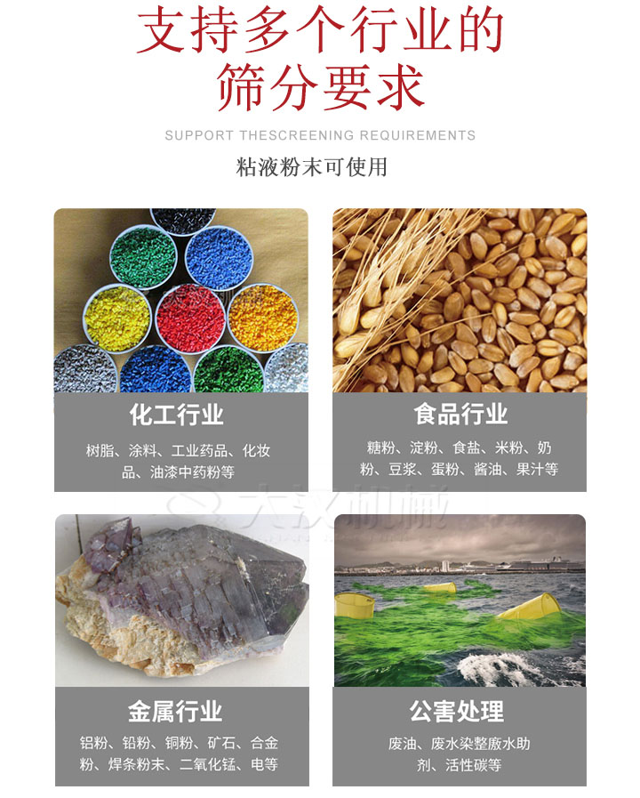適用于化工行業，食品行業，金屬行業，以及公害處理等行業?；ば袠I：樹脂，涂料，工業藥品，化妝品，油漆，中藥粉等;食品行業：糖粉，淀粉，食用鹽，米粉，奶粉，豆漿，蛋粉，醬油，果汁等;金屬行業：鋁粉，鉛粉，銅粉，礦石，合金粉，焊條粉末，二氧化錳，電等。公害處理：廢油，廢水染整廒水助劑，活性炭等。超聲波振動篩支持挑選定制常見的有：不銹鋼，碳鋼，全不銹鋼三種規格。不銹鋼：耐腐蝕，耐高溫適合化工行業,碳鋼：鋼性強，硬度高經久耐用,全不銹鋼：機身經久耐用不易生銹不易腐蝕超聲波振動篩共有一到四層可供選擇。大漢超聲波振動篩優勢：篩分效率高，篩分精度高，產量可提高0.5-10倍適用于：大米，米粉，綠豆，小米等。輕松解決堵網問題適用10目-635目之間的物料。