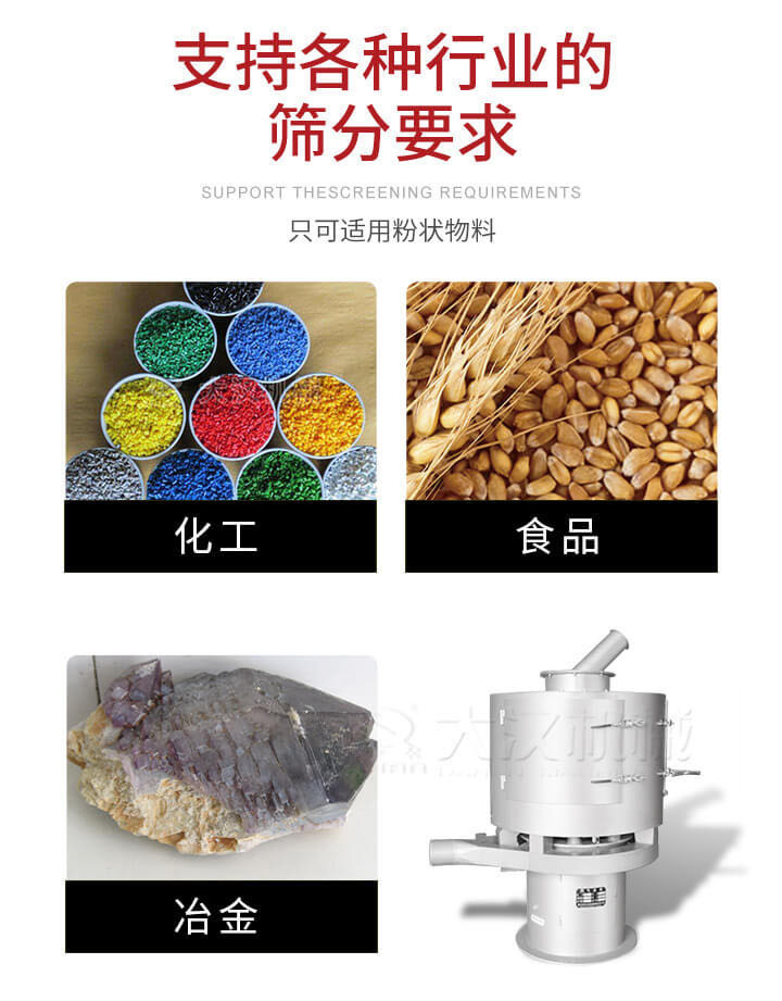 氣流篩用于礦粉，石墨粉，活性納米碳酸鈣，鋁灰，大豆粉，碳酸重鈣，石墨粉，木粉，干草，重金石粉，藥粉末，橡膠顆粒，草酸鹽，干料粉，木粉，聚酯粉，干粉，塑料，金屬粉末，橡膠粉，粉煤灰，石墨粉，陶瓷粉，鋅粉，石英粉，石灰粉，鐵粉，金屬硅粉等。