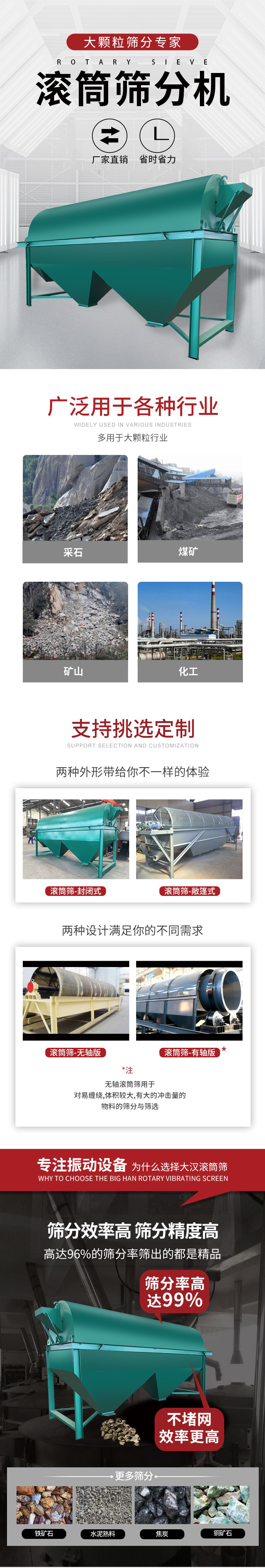 滾筒篩分機大顆粒篩分專家：廠家直銷，省時省力。滾筒篩被廣泛應用各種行業：多用于大顆粒行業例如：采石，煤礦，礦山，化工等。滾筒篩定制類型有哪些：封閉式與敞篷式產品結構分為：無軸式，有軸式兩種，無軸滾筒篩用于對纏繞，體積較大，有大的沖擊量的物料的篩分與篩選。滾筒篩篩分效率高篩分精度能夠達到：96%也比較適用于鐵礦石，水泥熟料，焦炭，銅礦石。滾筒篩特點：不飛粉末：密封隔離罩，密封性好，工作過程不會出現飛粉現象。外型尺寸是按筒體長計