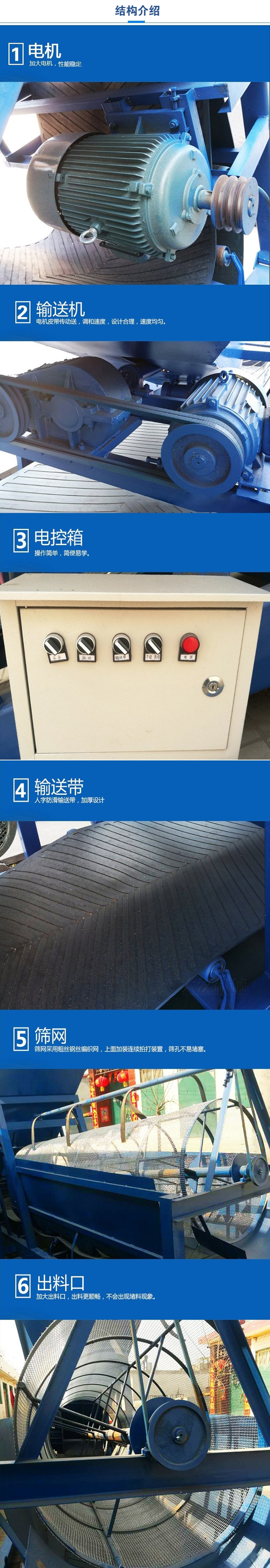 移動篩沙機結構:電機，加大電機，性能相對比較穩定。輸送機：電機皮帶傳動送，調和速度，設計合理，速度均勻。電控箱：操作簡單，簡便易學。輸送帶：人字防滑輸送帶，加厚設計。篩網，采用粗絲鋼絲編織而成的篩網，上面加裝連續拍打裝置，篩孔不易堵塞。出料口：加大出料口，出料更順暢，不會出現堵料現象。
