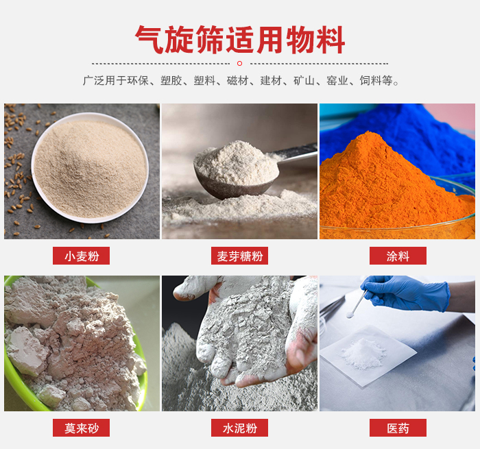 氣旋篩適用物料：小麥粉，麥芽糖粉，涂料，等粉狀物料。