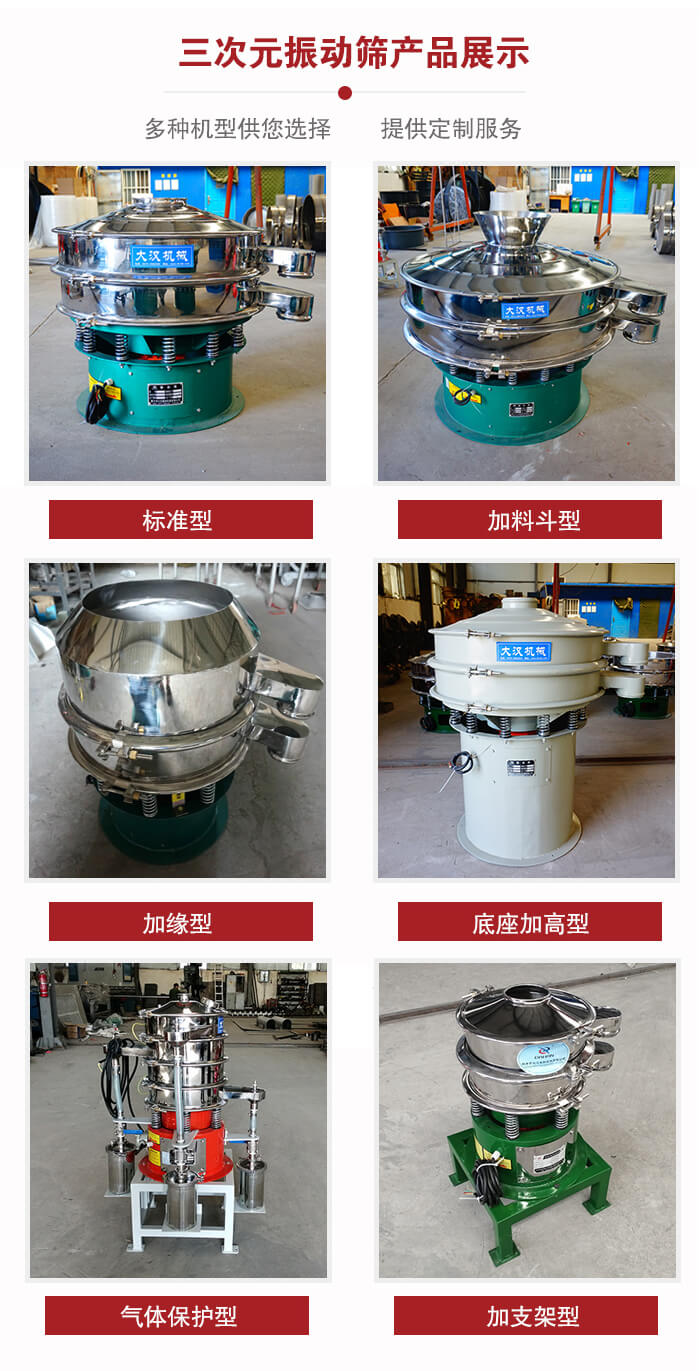 三次元振動篩不同結(jié)構(gòu)展示：標(biāo)準(zhǔn)型，加料斗型，加緣型，底座加高型，氣體保護型，加支架型。